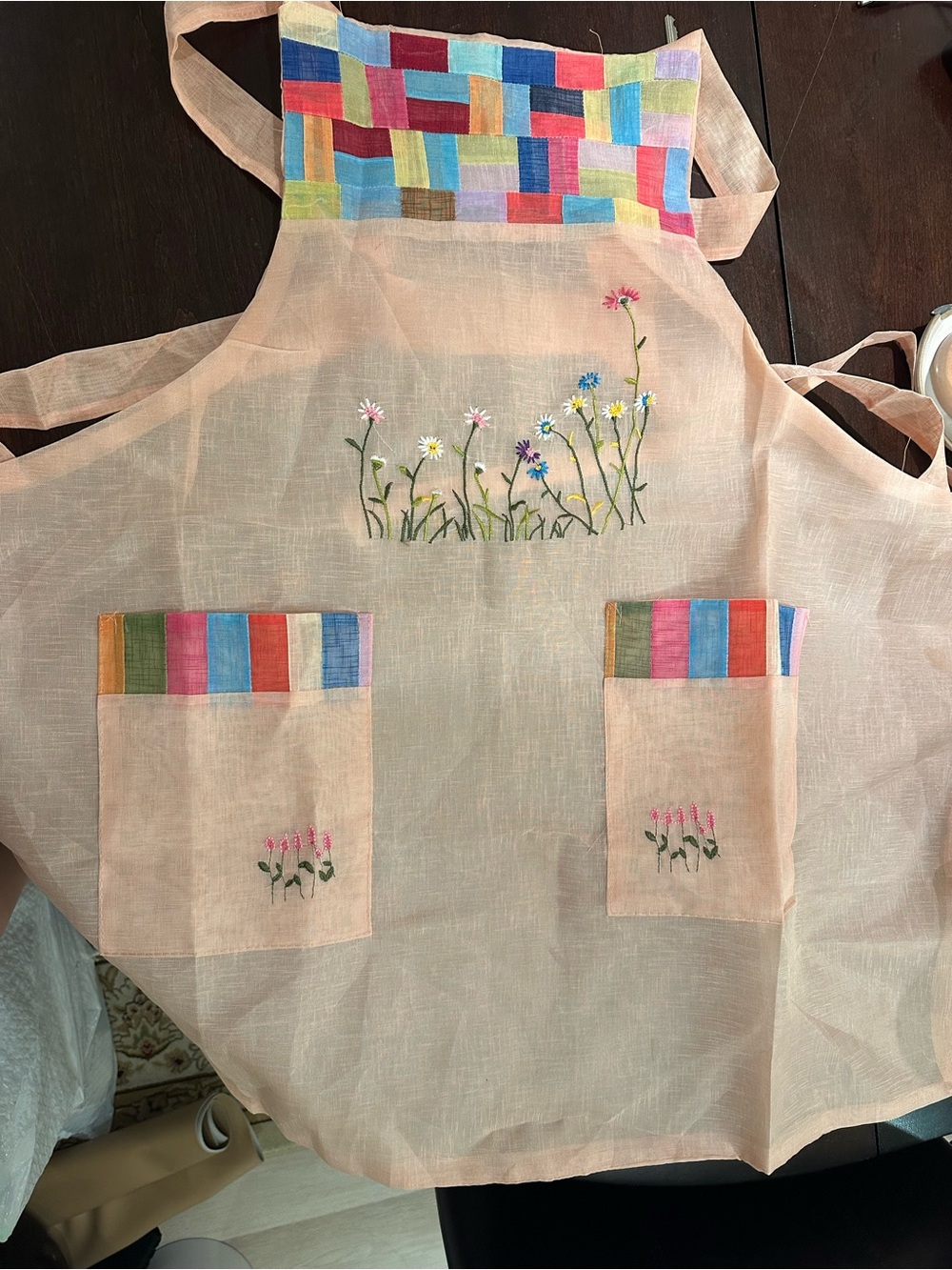 Hand-Embroidered Korean Floral Apron with Multicolor Accents